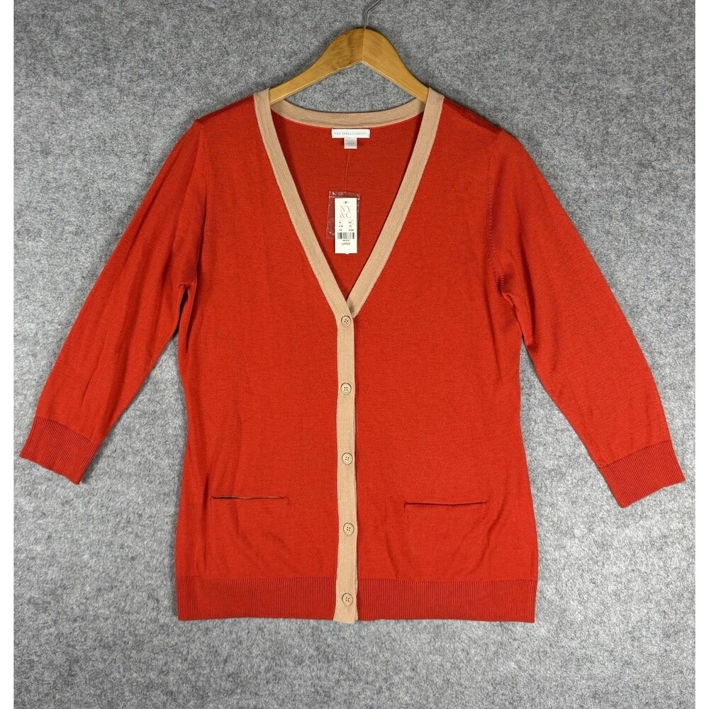 New York & Company Cardigan Women’s Large Red Beige V Neck Button Front NWT